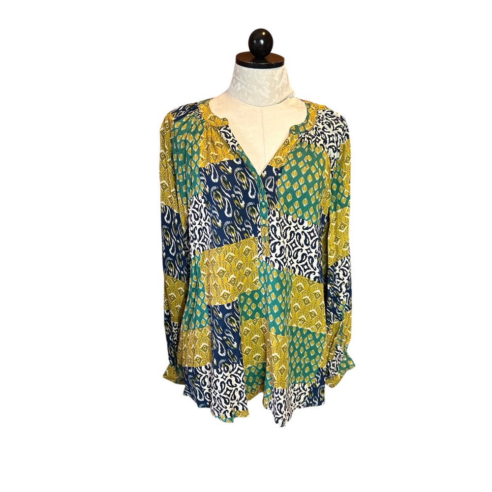 Umgee USA Boho Patchwork Print Long Sleeve Blouse Boho NWT Sz L